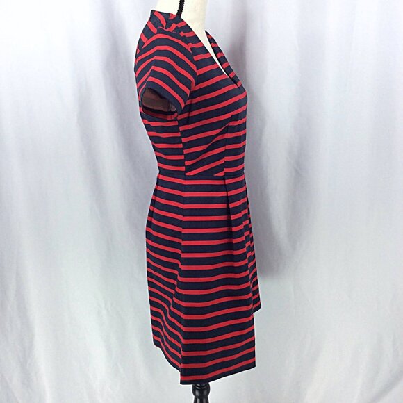 Gap Fit & Flare Dress Womens Size 2 Red Navy Blue Striped Short Sleeve V-Neck - Picture 2 of 10